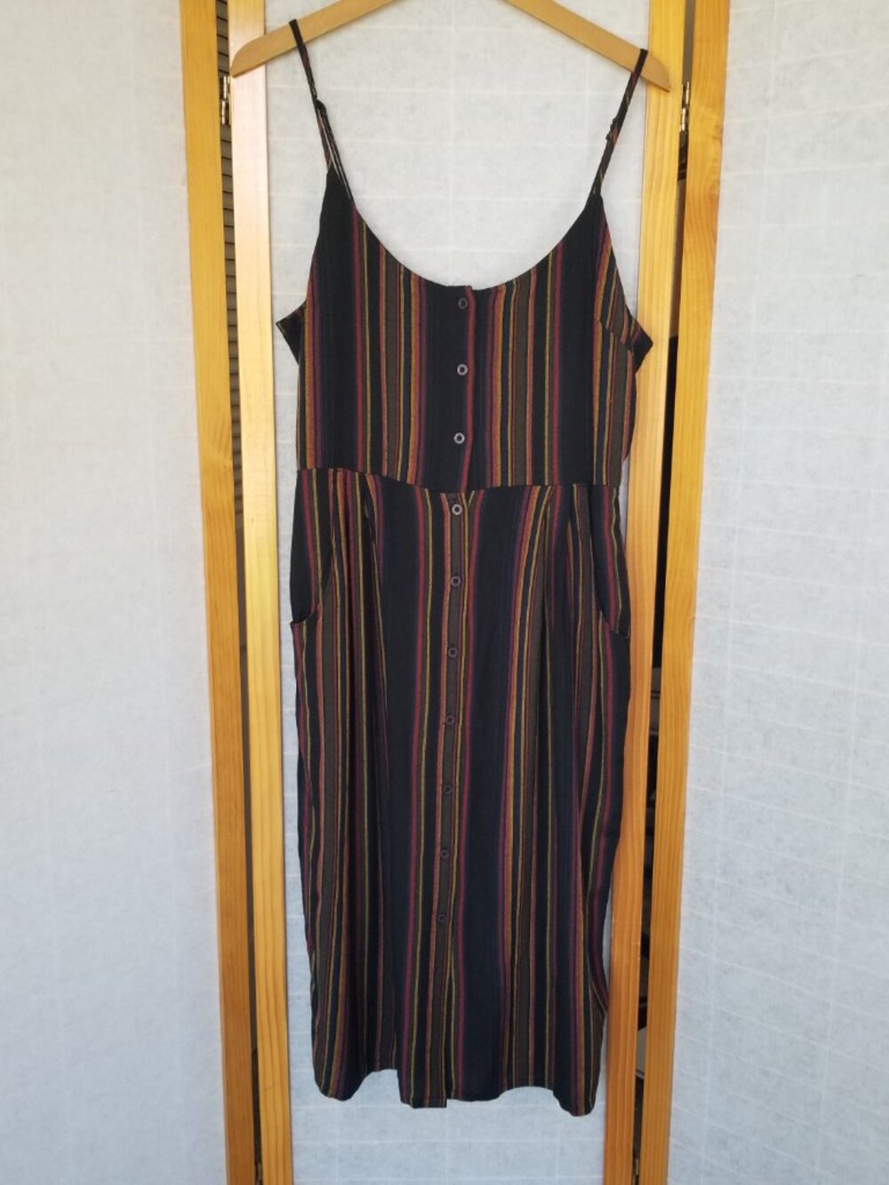 RVCA Midi Dress Black Taluna Stripes Cami Straps Size XL Pockets